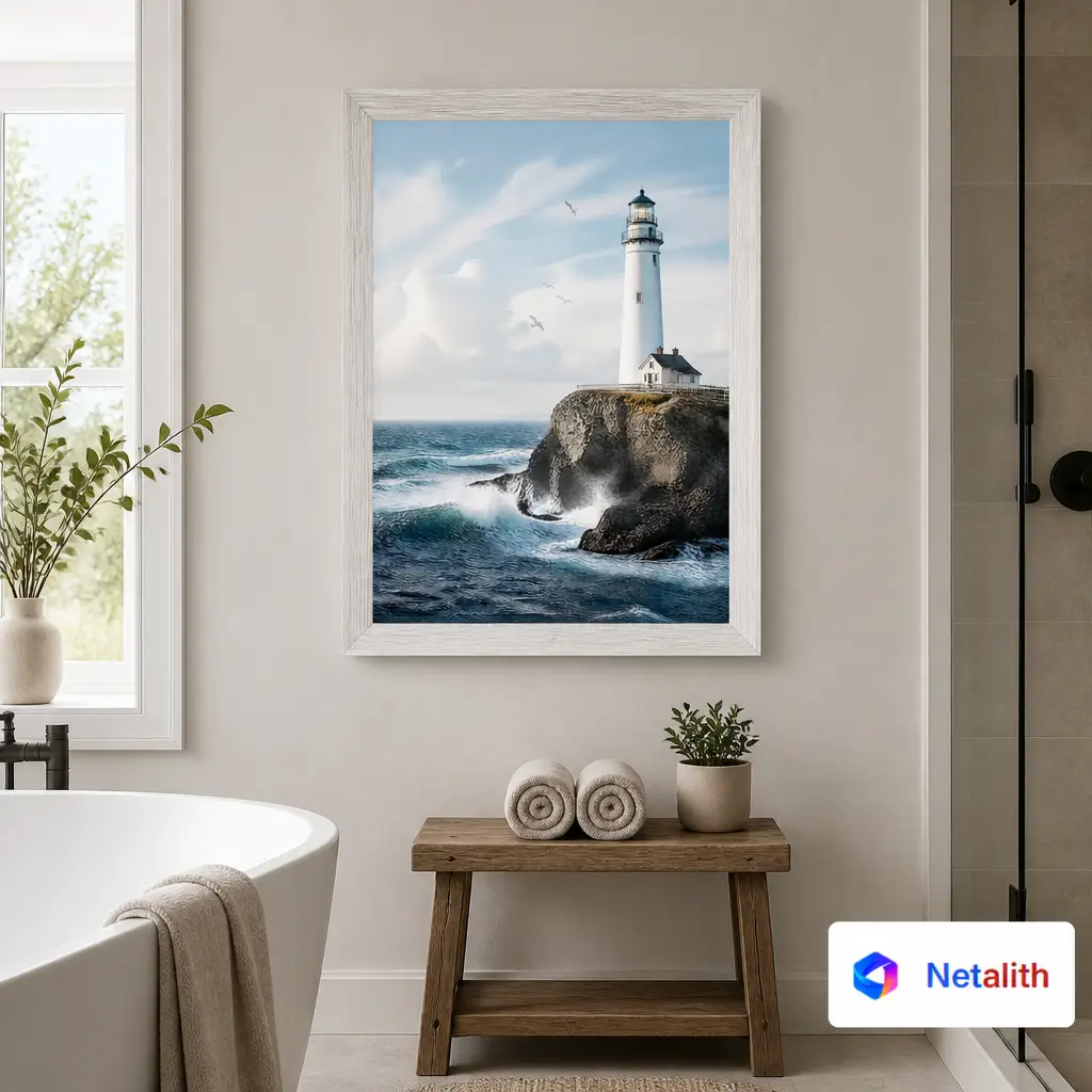 Cliff Lighthouse Coastal Minimal Wall Art | Navy And White Printable Digital Download | Coastal Home Decor Print