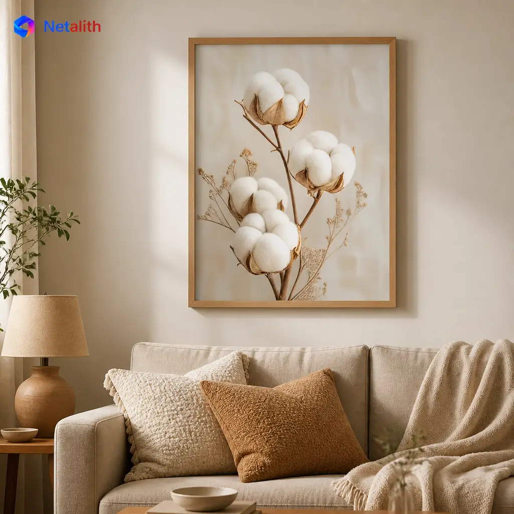 Cotton Stems Farmhouse Minimal Wall Art | Cream And Beige Printable Digital Download | Botanical Home Decor Print