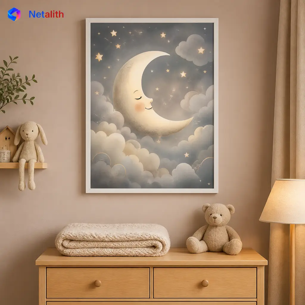 Crescent Moon Nursery Dreamy Nursery Wall Art | Soft Grey Printable Digital Download | Celestial Home Decor Print