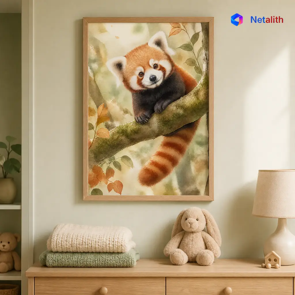 Curious Red Panda Nursery Watercolor Wall Art | Warm Russet Printable Digital Download | Animal Home Decor Print