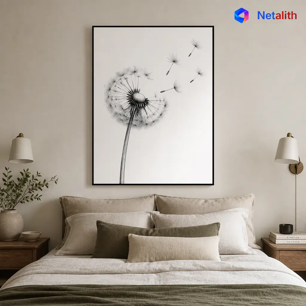 Dandelion Seeds Minimalist Ink Wall Art | Black And White Printable Digital Download | Botanical Home Decor Print