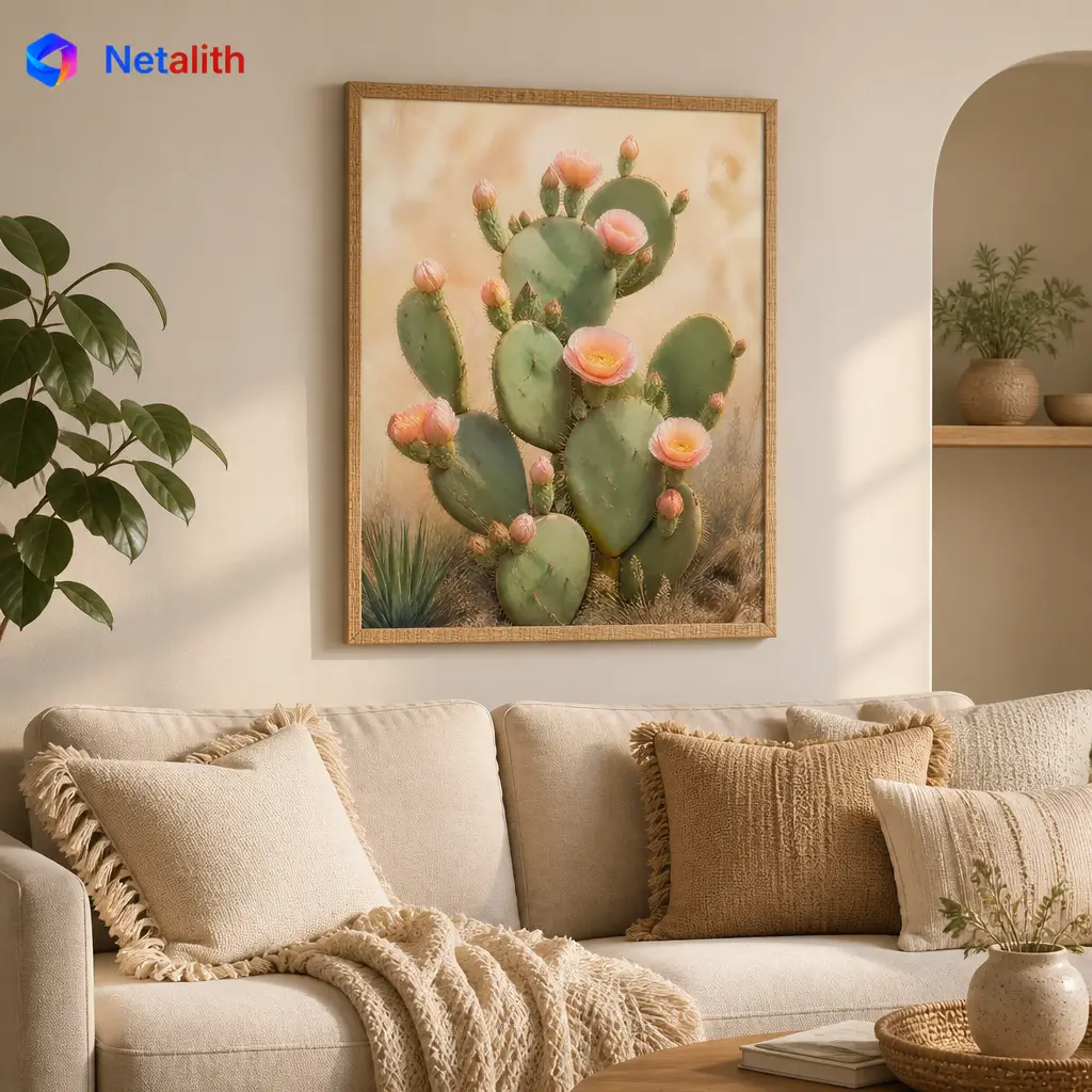 Desert Prickly Pear Southwest Botanical Wall Art | Sage And Blush Printable Digital Download | Botanical Home Decor Print