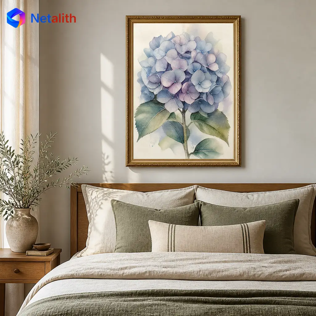 Dusty Blue Hydrangea Cottage Watercolor Wall Art | Dusty Blue Printable Digital Download | Botanical Home Decor Print
