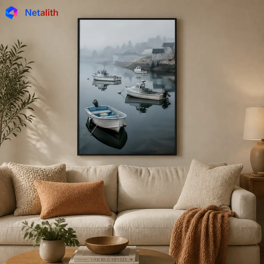 Foggy Harbor Boats Moody Coastal Wall Art | Muted Grey Blue Printable Digital Download | Coastal Home Decor Print