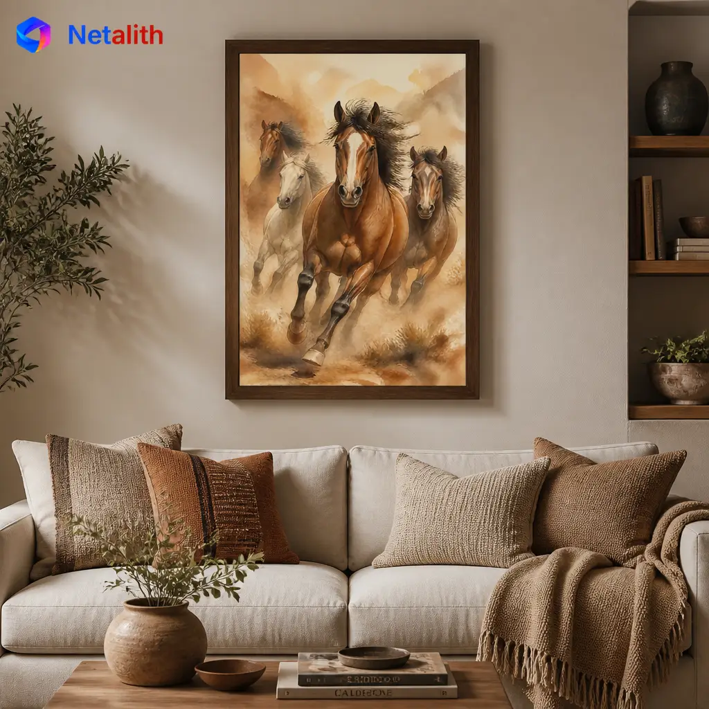 Galloping Wild Horses Dynamic Watercolor Wall Art | Earthy Tan Printable Digital Download | Animal Home Decor Print