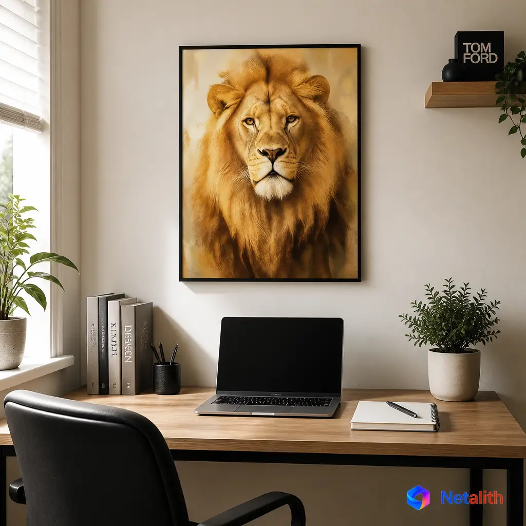 Golden Lion Portrait Golden Minimalist Wall Art | Ochre And Gold Printable Digital Download | Animal Home Decor Print