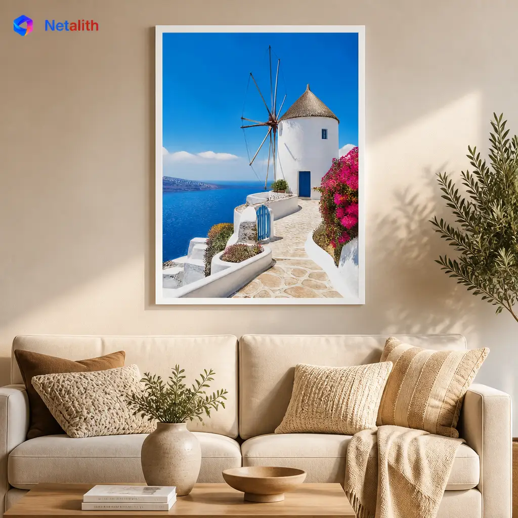 Greek Island Windmill Bright Coastal Wall Art | White And Blue Printable Digital Download | Travel Home Decor Print