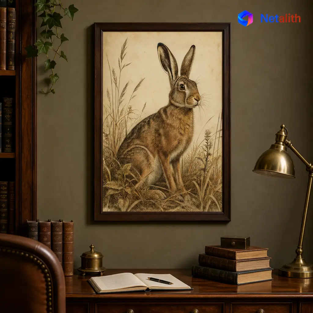 Hare in the Meadow Vintage Naturalist Wall Art | Earthy Brown Printable Digital Download | Animal Home Decor Print
