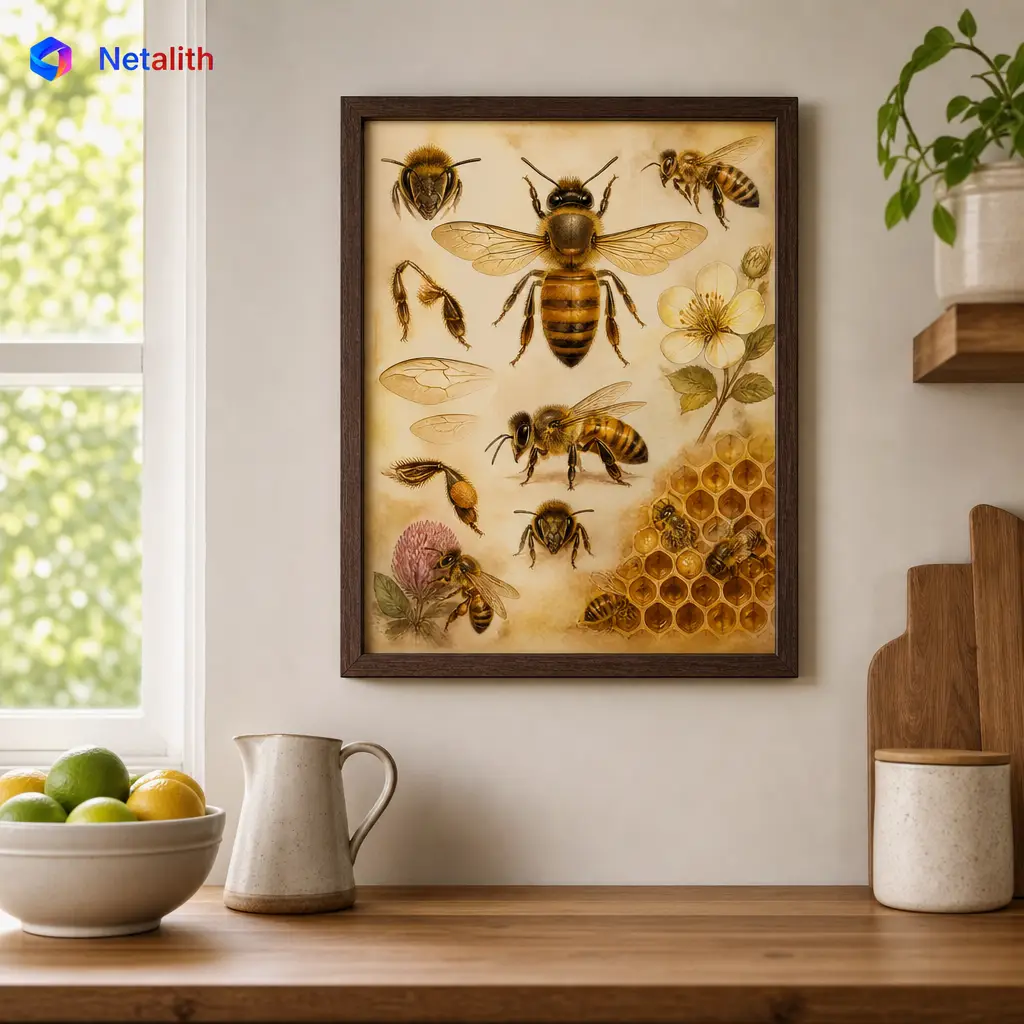 Honey Bee Study Vintage Naturalist Wall Art | Amber And Gold Printable Digital Download | Animal Home Decor Print