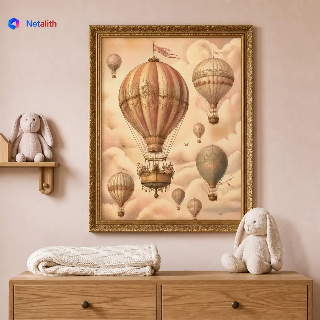 Hot Air Balloons Vintage Sky Wall Art | Sepia And Rose Printable Digital Download | Vintage Home Decor Print