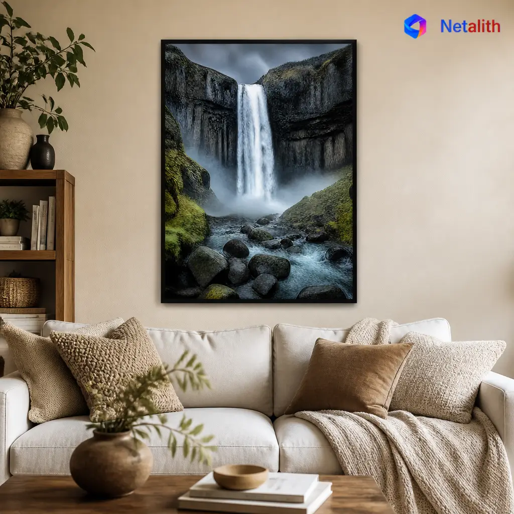 Iceland Waterfall Moody Landscape Wall Art | Grey And Blue Printable Digital Download | Travel Home Decor Print