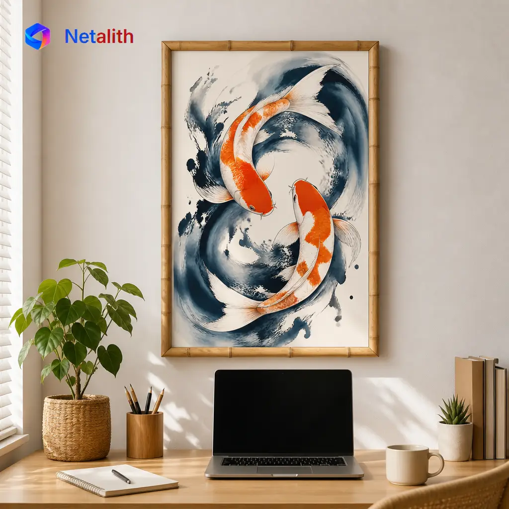 Japanese Koi Fish Japanese Ink Wall Art | Orange And Indigo Printable Digital Download | Animal Home Decor Print