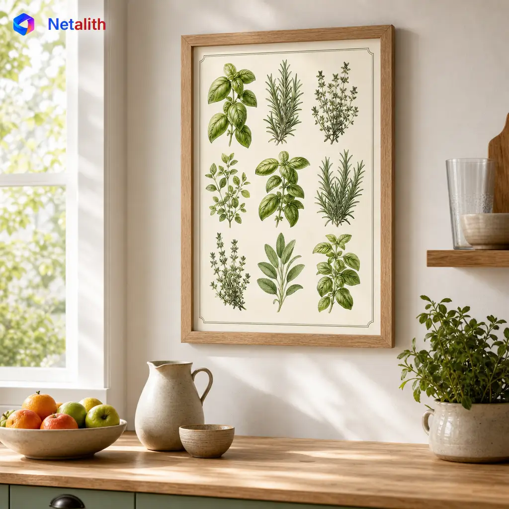Kitchen Herbs Chart Kitchen Botanical Wall Art | Green And Cream Printable Digital Download | Botanical Home Decor Print
