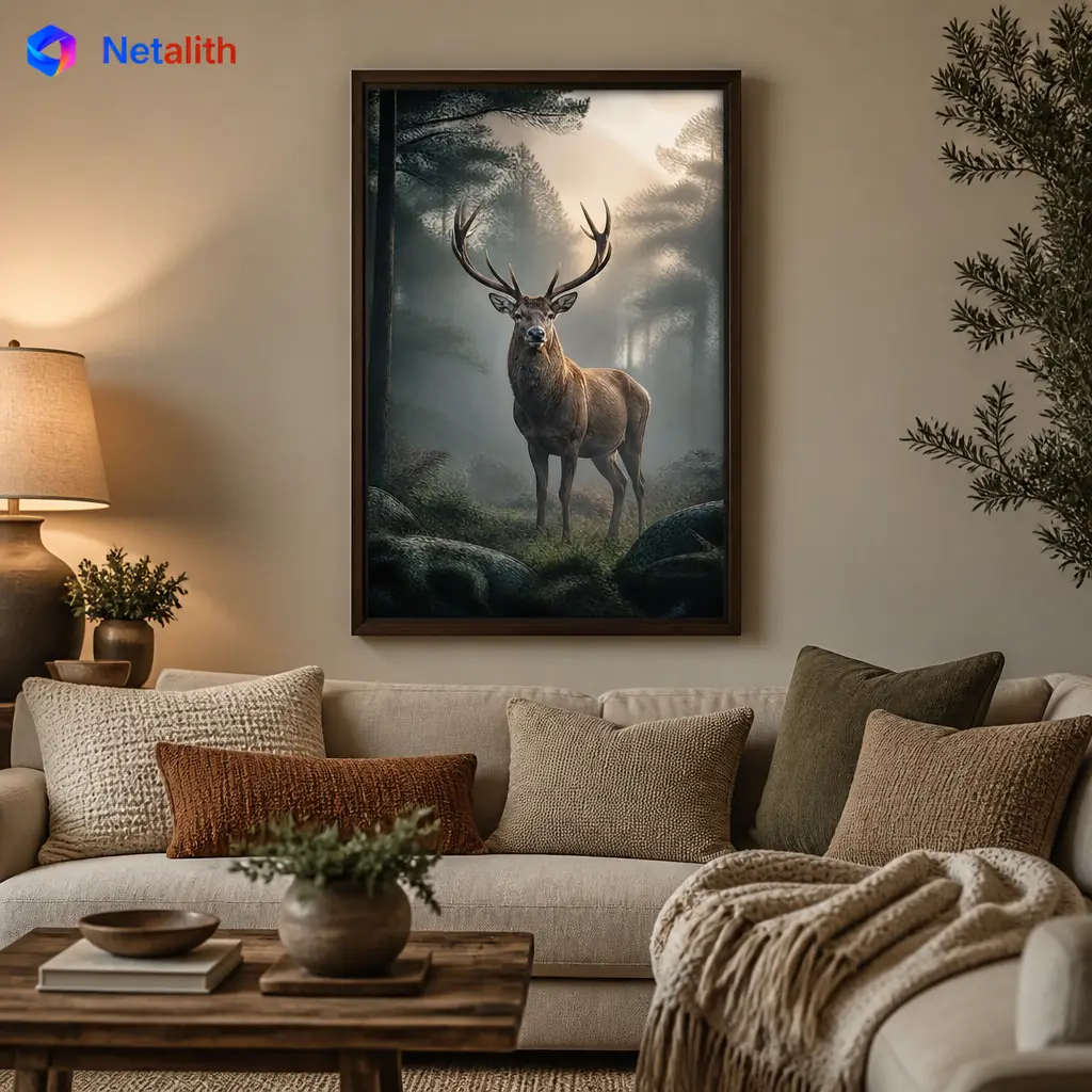Majestic Stag Moody Wildlife Wall Art | Grey And Green Printable Digital Download | Animal Home Decor Print