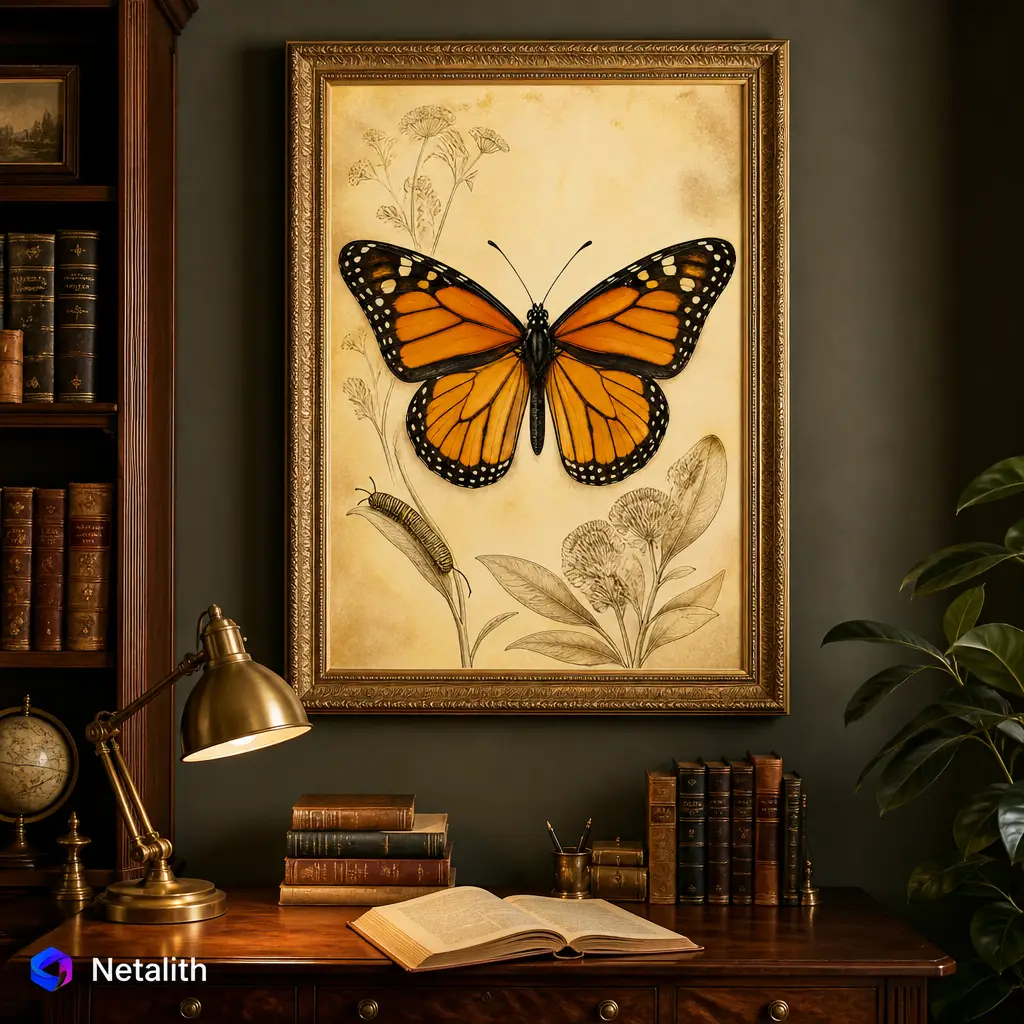 Monarch Butterfly Vintage Entomology Wall Art | Orange And Cream Printable Digital Download | Animal Home Decor Print