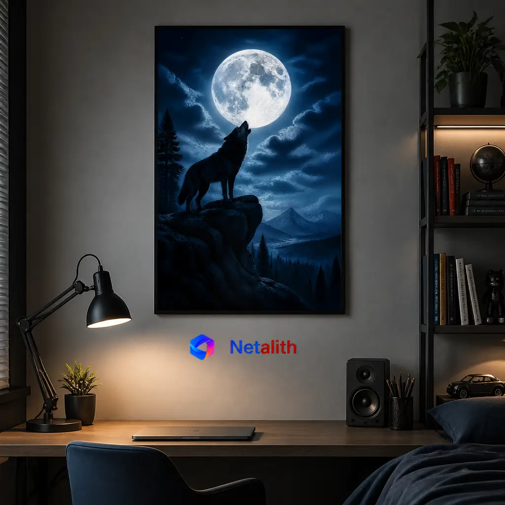 Moonlit Wolf Moonlit Forest Wall Art | Midnight Blue Printable Digital Download | Animal Home Decor Print
