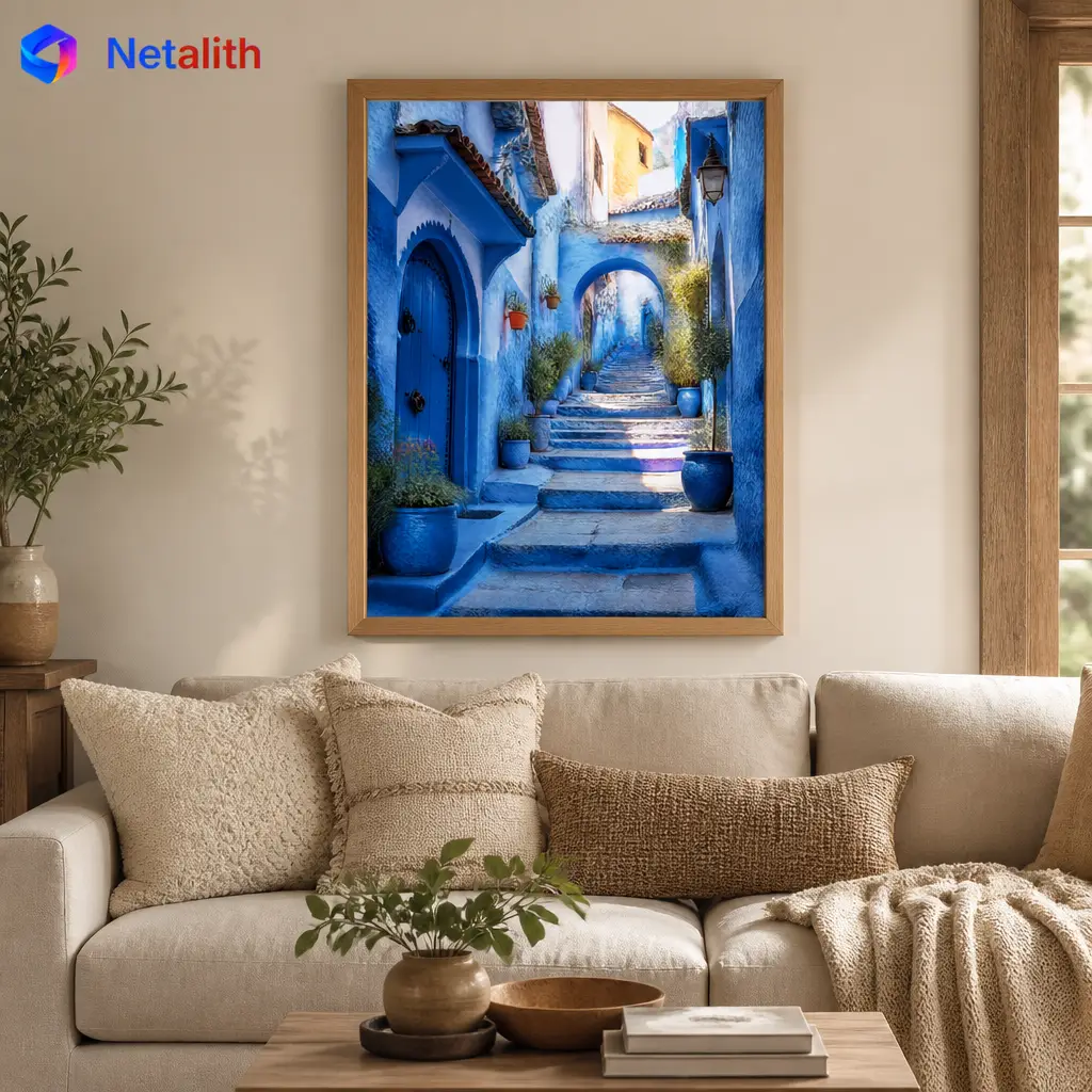Morocco Blue City Travel Warm Wall Art | Cobalt Blue Printable Digital Download | Travel Home Decor Print