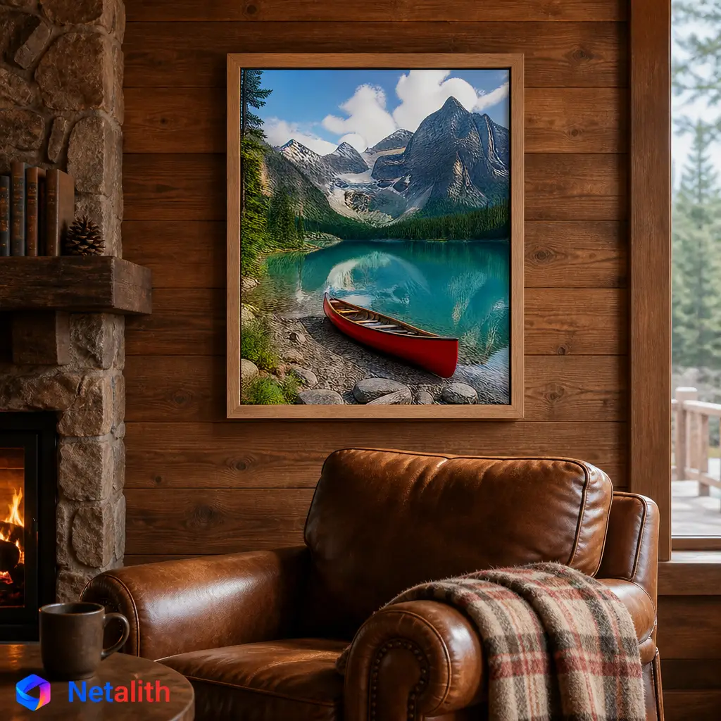 Mountain Lake Canoe Serene Adventure Wall Art | Turquoise Printable Digital Download | Travel Home Decor Print
