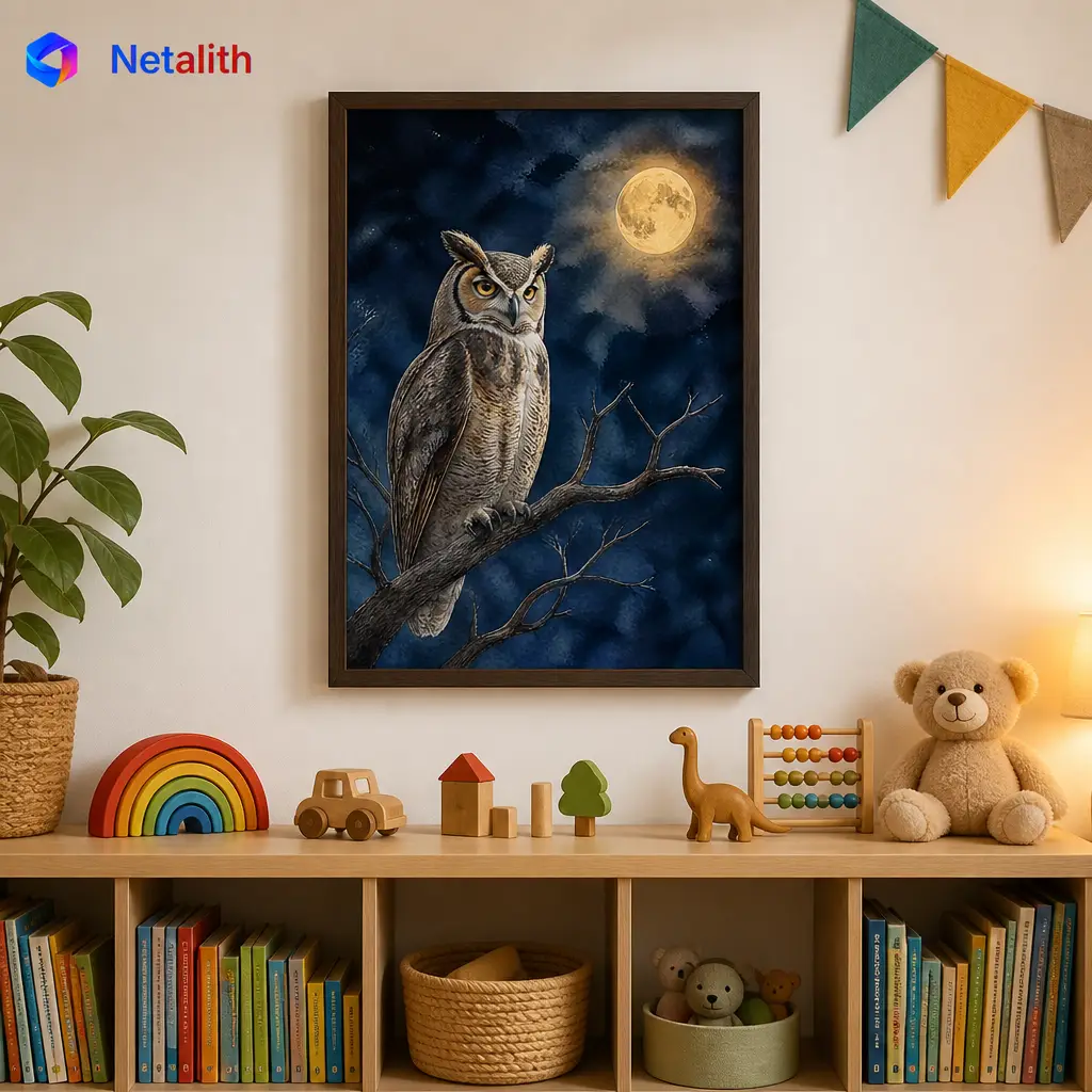 Night Owl Night Watercolor Wall Art | Navy And Amber Printable Digital Download | Animal Home Decor Print