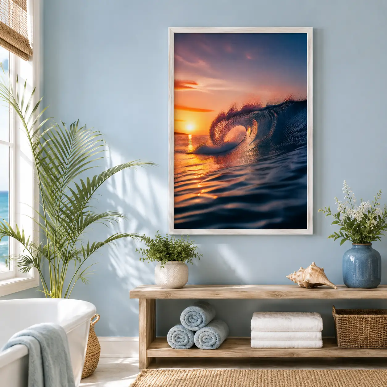 Ocean Wave at Sunset Wall Art | Golden Blue Printable Digital Download | Calming Seascape Home Decor Print