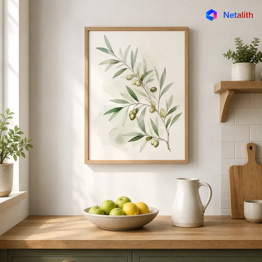 Olive Branch Mediterranean Line Art Wall Art | Muted Sage Printable Digital Download | Botanical Home Decor Print
