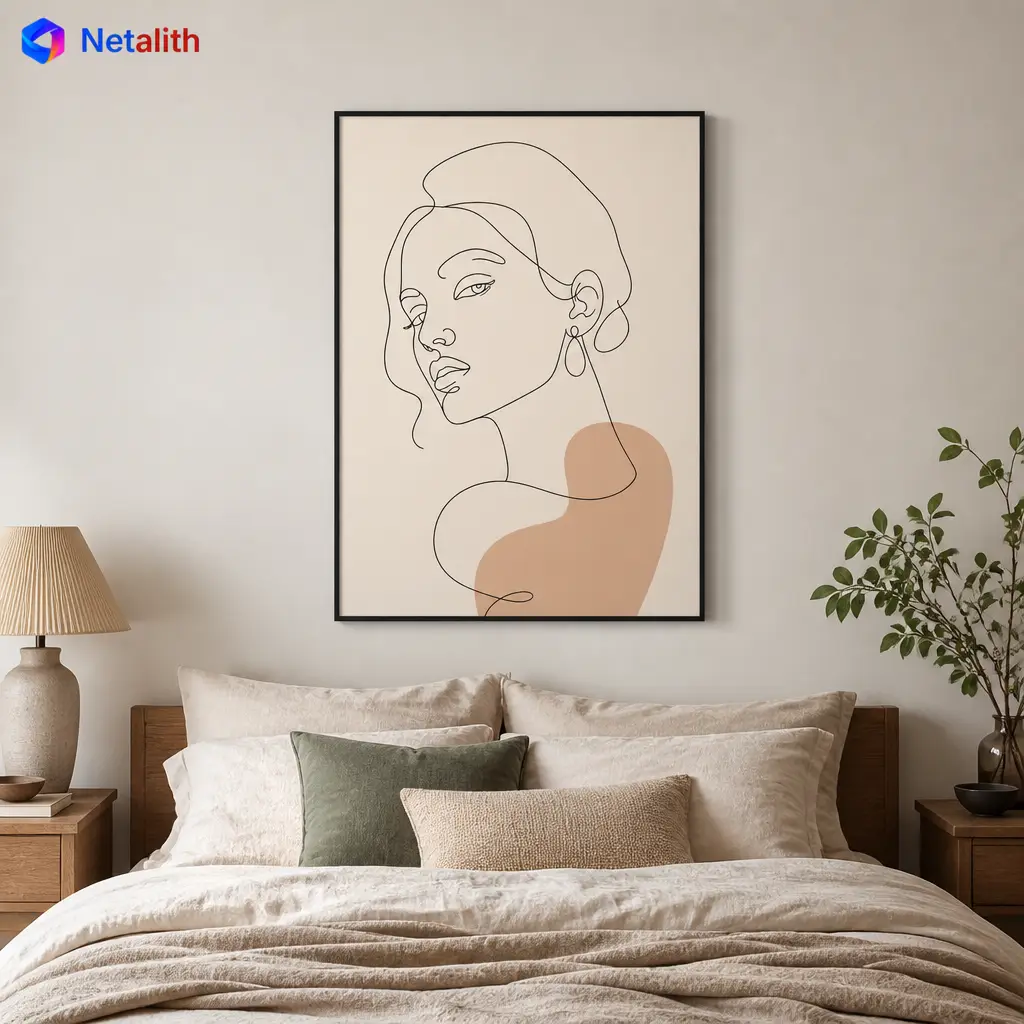 One Line Face Minimalist Line Wall Art | Black And Beige Printable Digital Download | Modern Home Decor Print