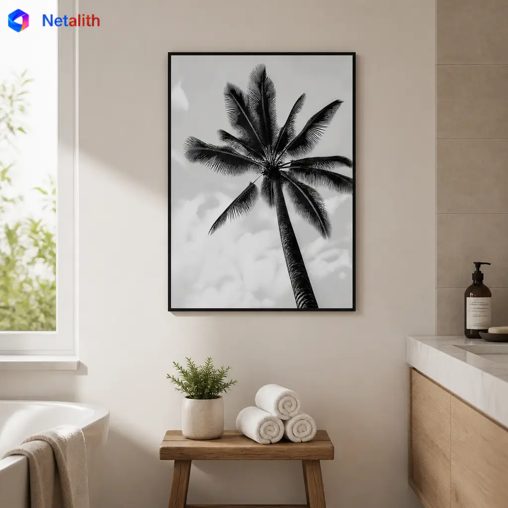 Palm Tree Monochrome Black And White Minimal Wall Art | Monochrome Printable Digital Download | Coastal Home Decor Print