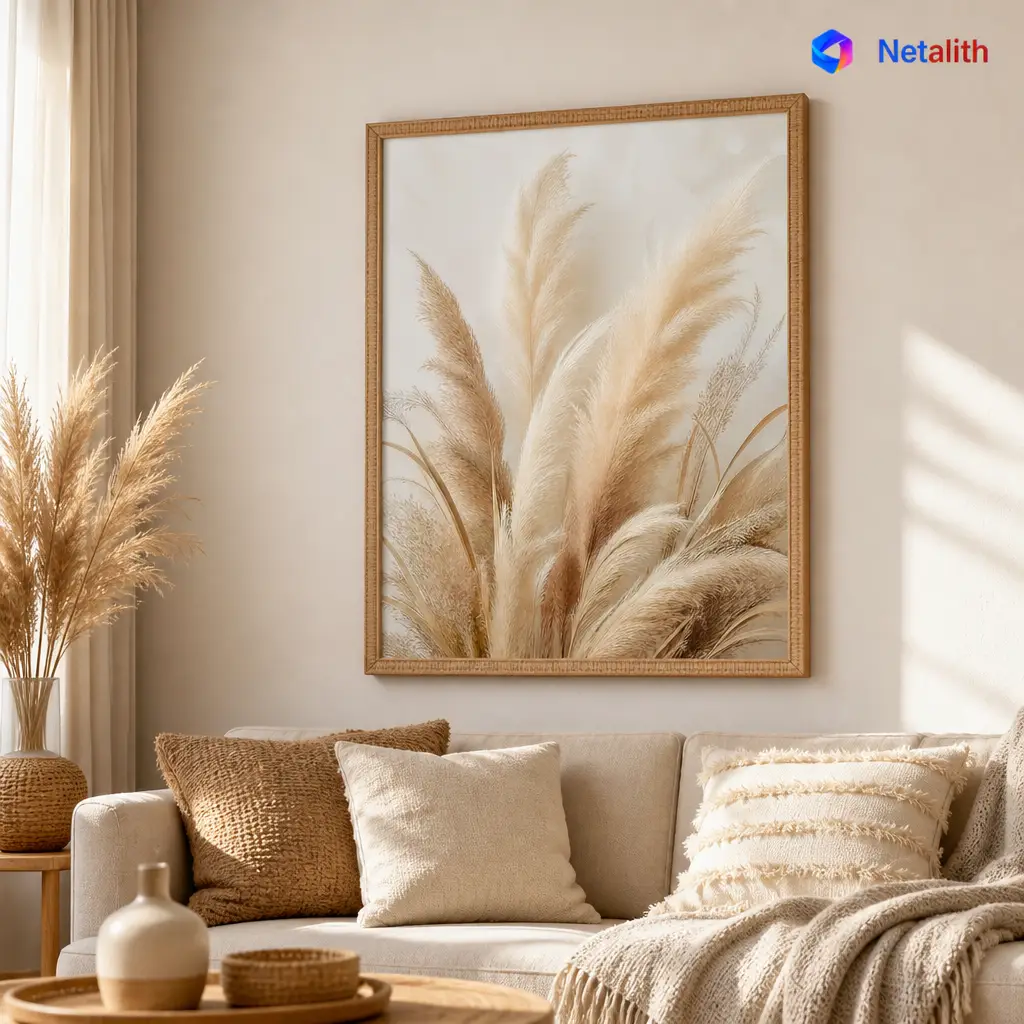 Pampas Grass Boho Neutral Wall Art | Beige And Cream Printable Digital Download | Botanical Home Decor Print