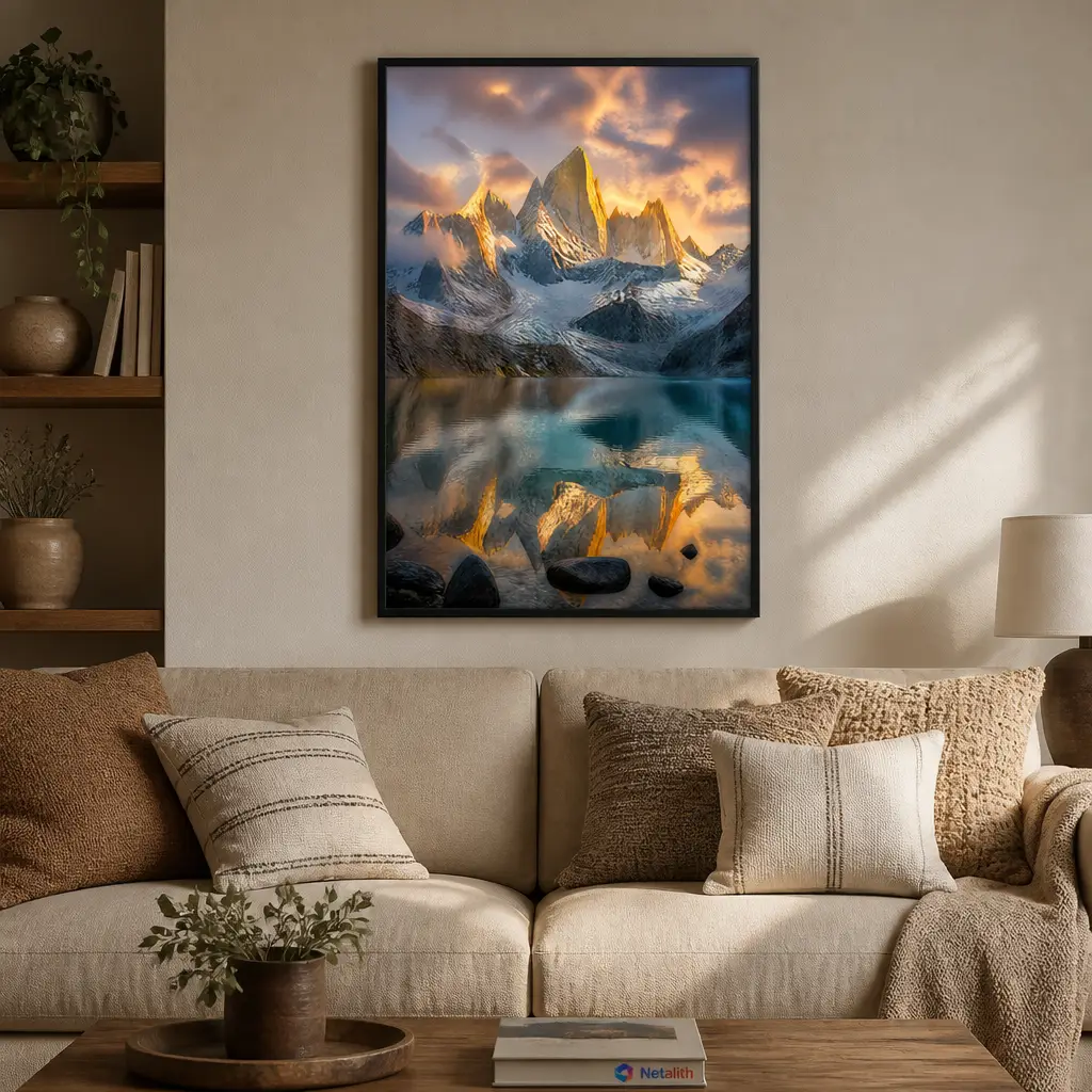 Patagonia Peaks Dramatic Alpine Wall Art | Grey And Gold Printable Digital Download | Travel Home Decor Print