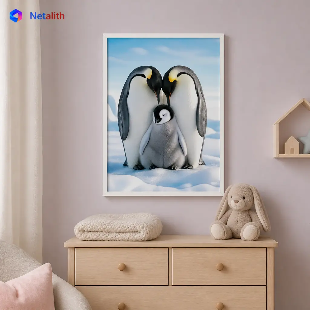 Penguin Family Arctic Minimal Wall Art | Blue And White Printable Digital Download | Animal Home Decor Print
