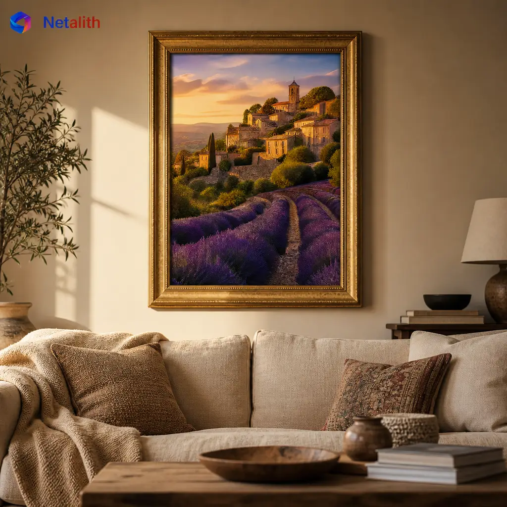 Provence Village Warm European Wall Art | Lavender And Gold Printable Digital Download | Travel Home Decor Print