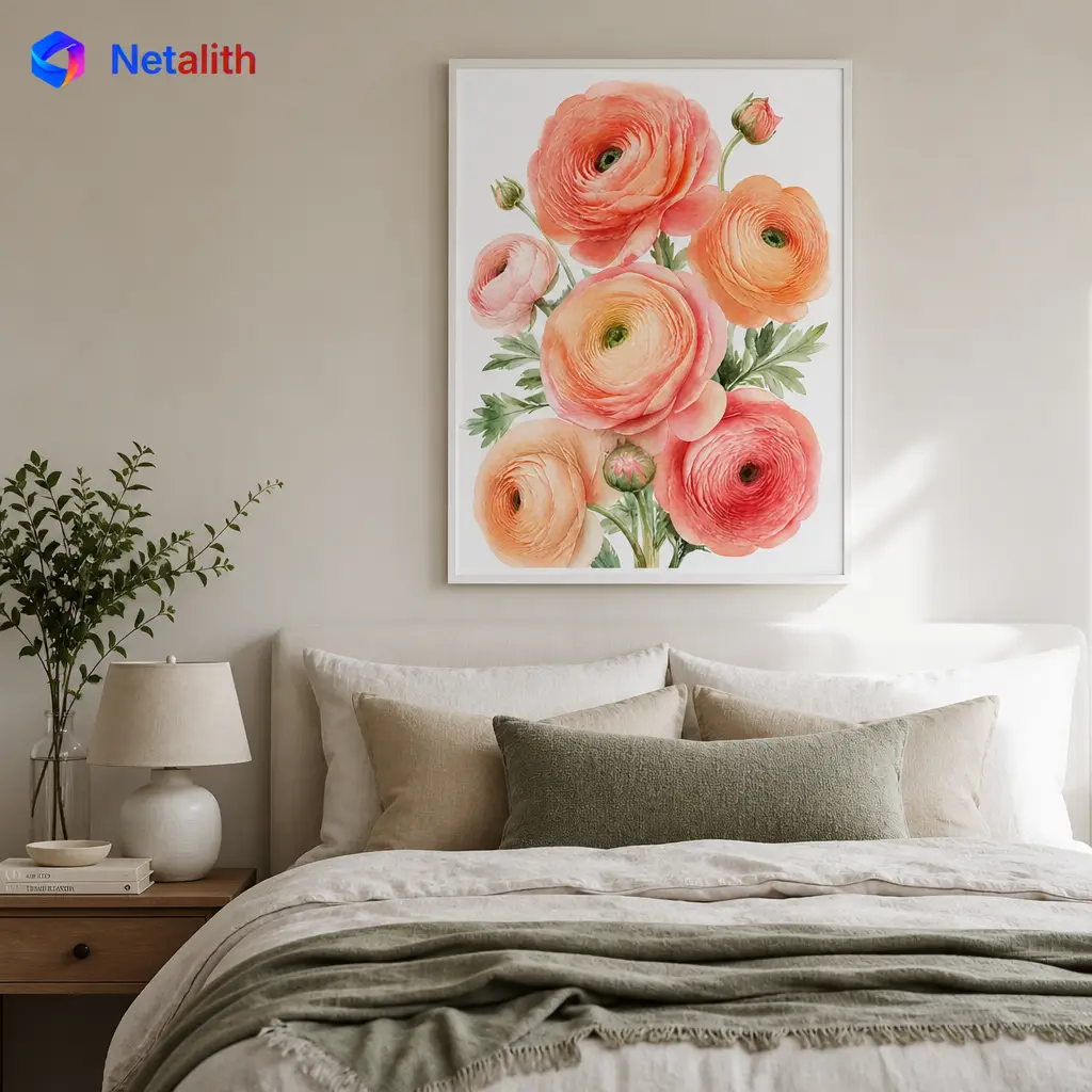 Ranunculus Bloom Fresh Watercolor Wall Art | Coral And Peach Printable Digital Download | Botanical Home Decor Print