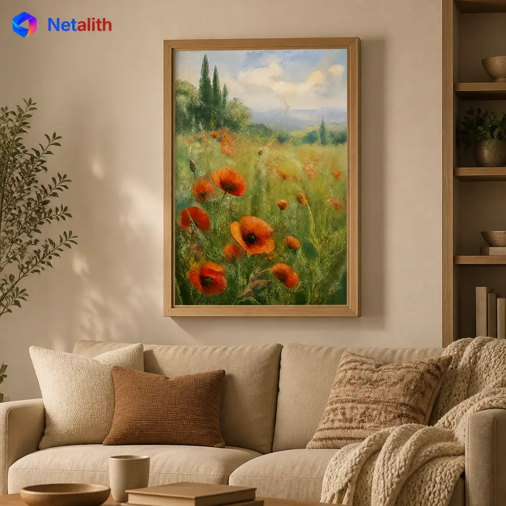 Red Poppy Field Impressionist Wall Art | Red And Green Printable Digital Download | Botanical Home Decor Print