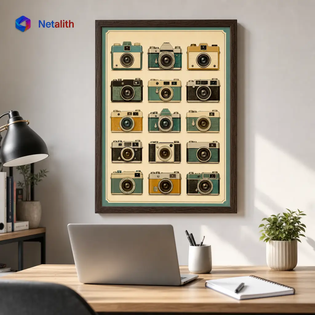 Retro Camera Collection Vintage Flat Wall Art | Teal And Mustard Printable Digital Download | Vintage Home Decor Print