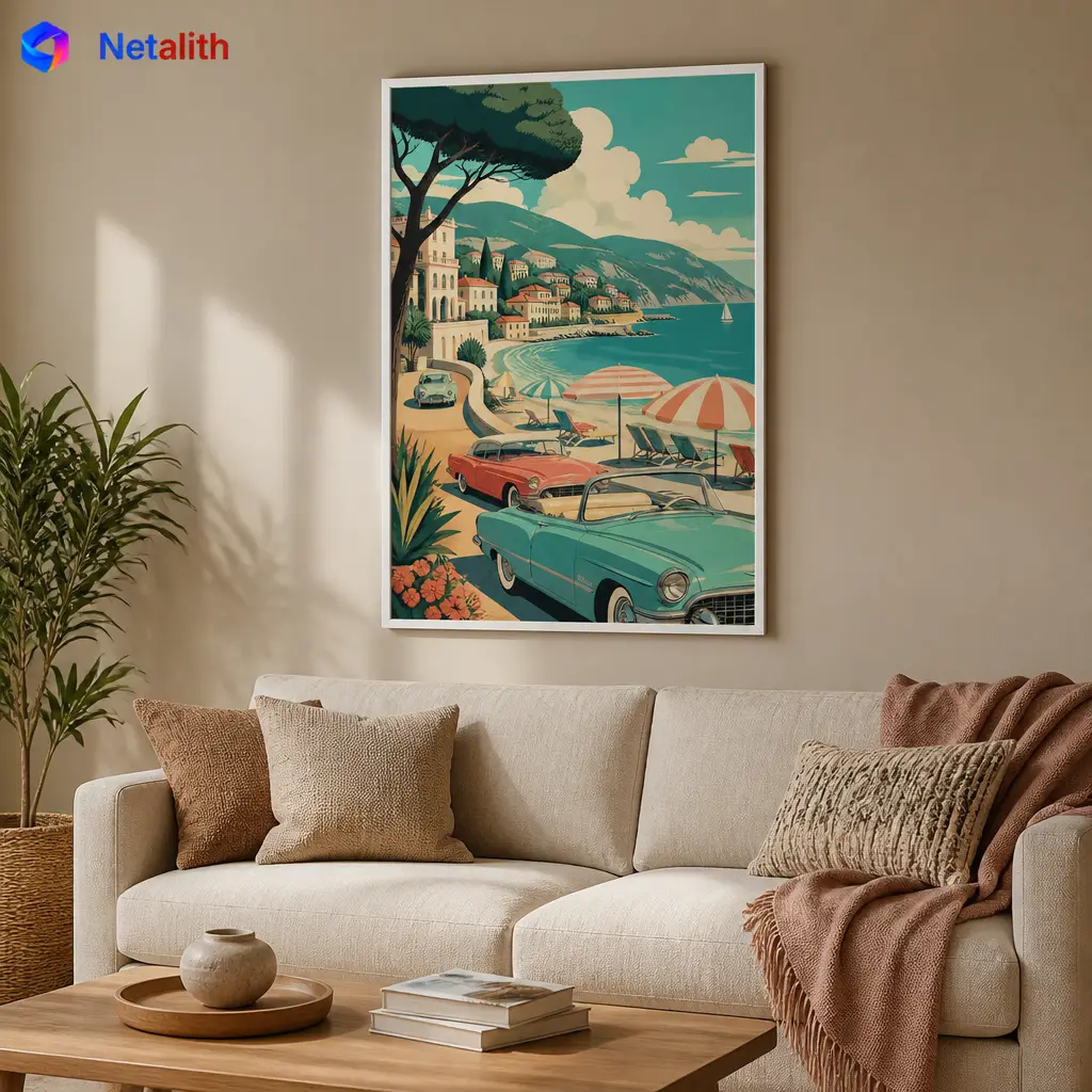 Retro Riviera Poster Retro Travel Poster Wall Art | Teal And Coral Printable Digital Download | Vintage Home Decor Print