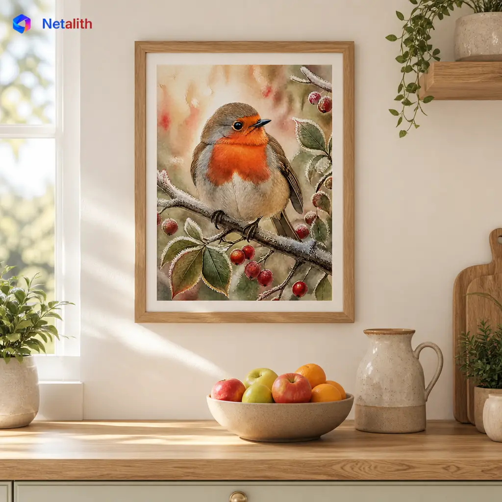 Robin on a Branch Cottage Watercolor Wall Art | Red And Green Printable Digital Download | Animal Home Decor Print