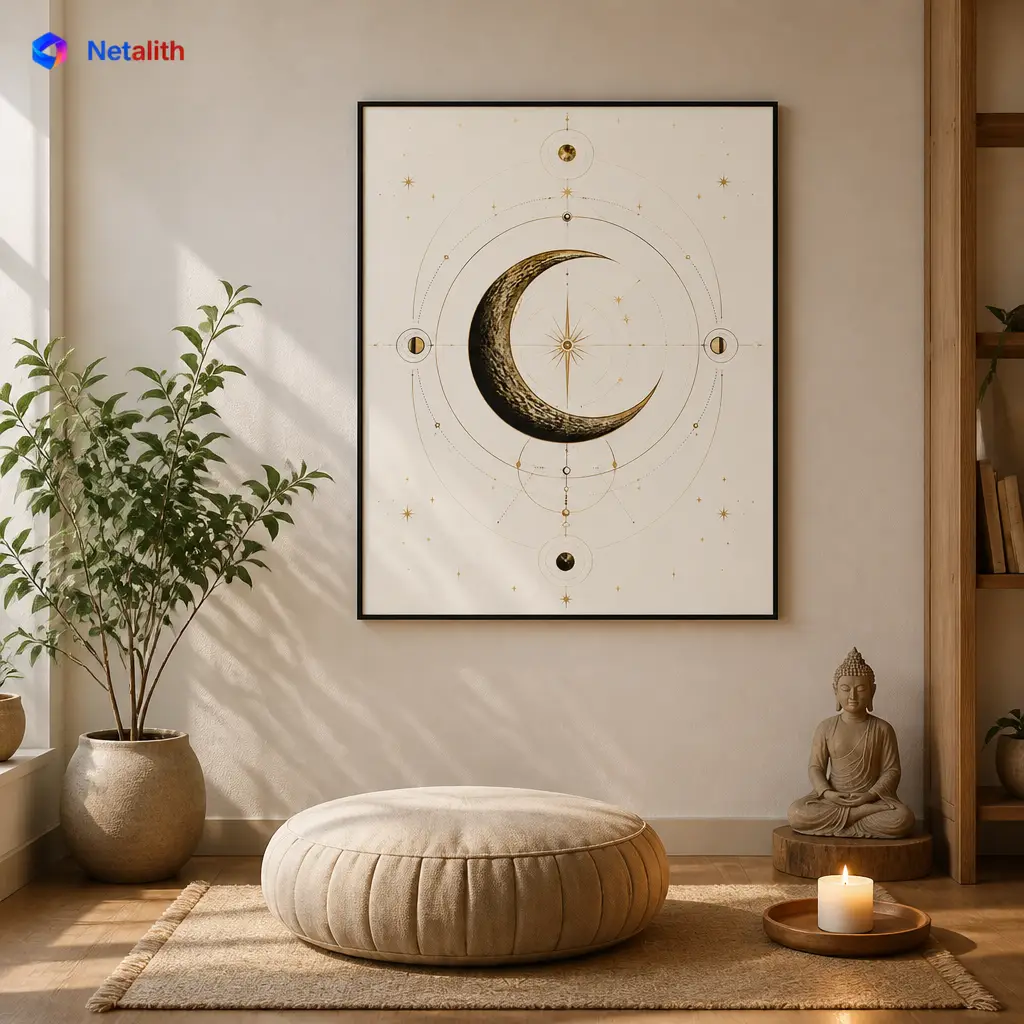Sacred Geometry Moon Line Art Mystical Wall Art | Black And Gold Printable Digital Download | Celestial Home Decor Print