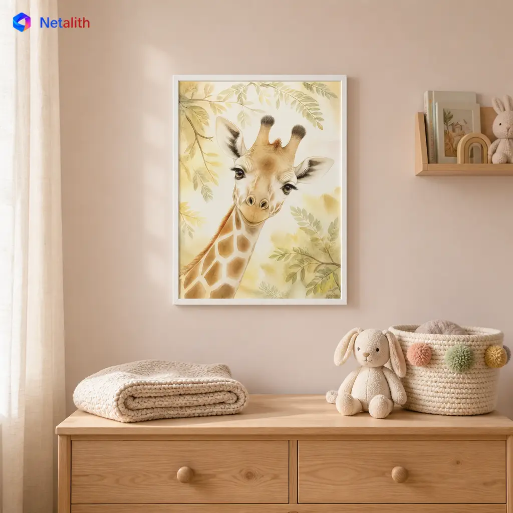 Safari Giraffe Nursery Safari Watercolor Wall Art | Soft Yellow Printable Digital Download | Animal Home Decor Print