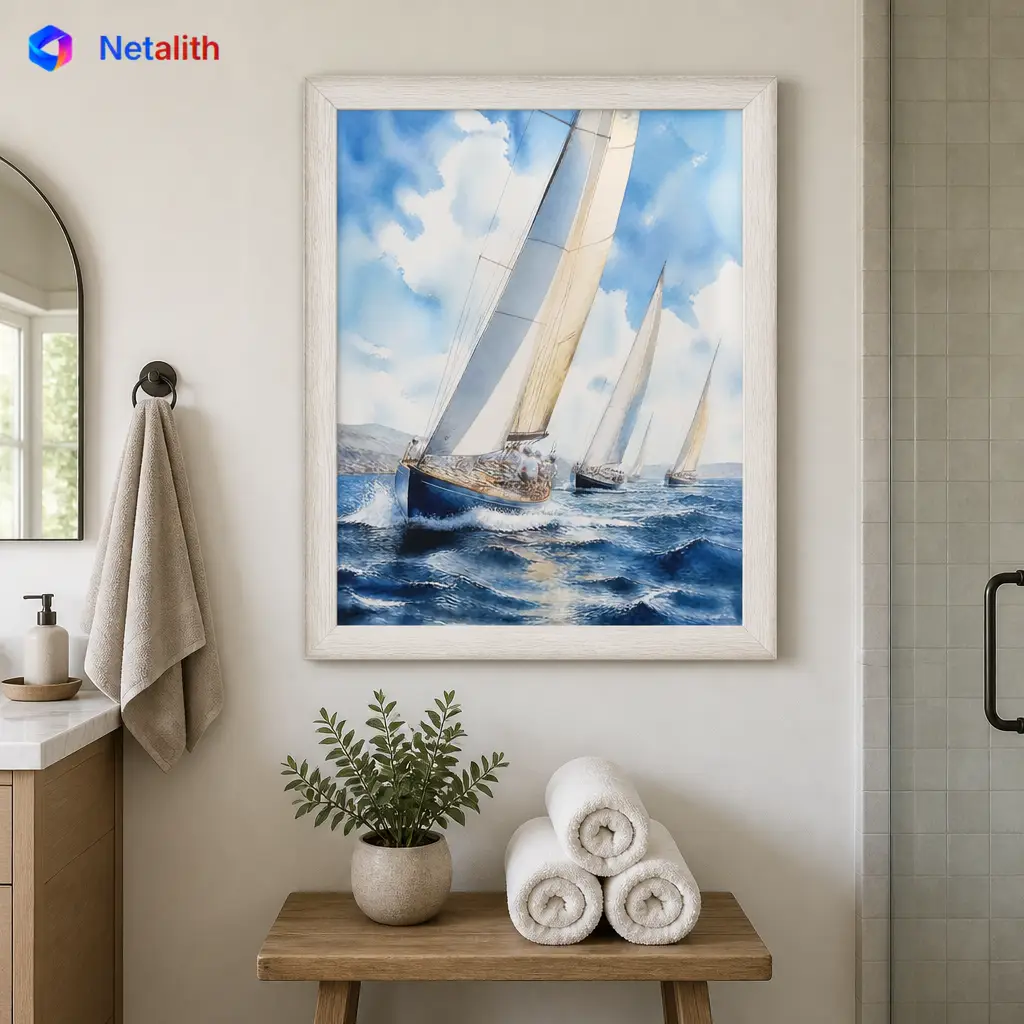 Sailboat Regatta Breezy Watercolor Wall Art | Blue And White Printable Digital Download | Coastal Home Decor Print