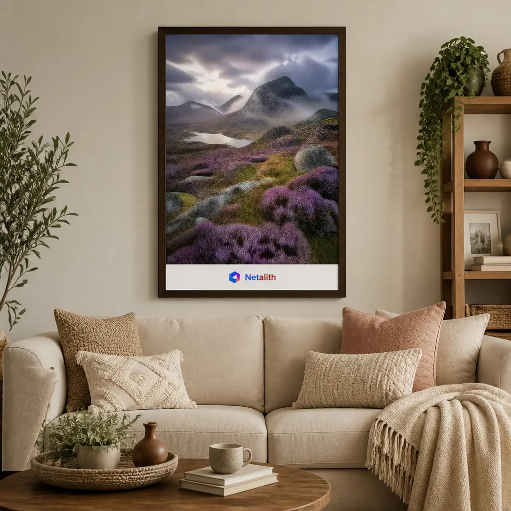 Scottish Highlands Misty Moorland Wall Art | Heather Purple Printable Digital Download | Travel Home Decor Print