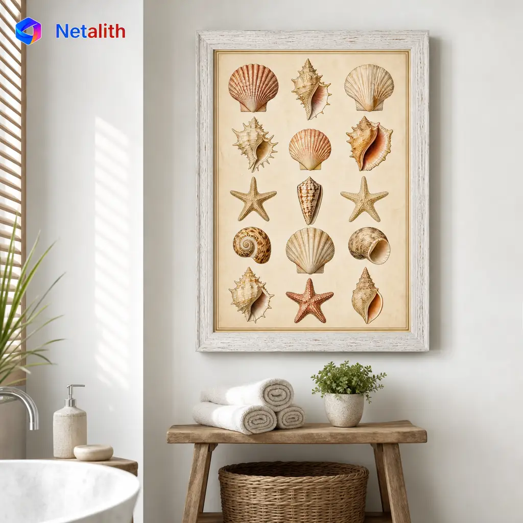 Seashell Collection Vintage Chart Wall Art | Sand And Cream Printable Digital Download | Coastal Home Decor Print