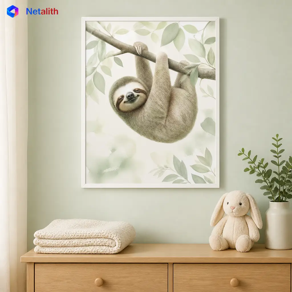 Sleepy Sloth Nursery Pastel Wall Art | Sage And Cream Printable Digital Download | Animal Home Decor Print