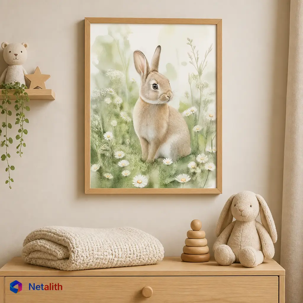 Spring Meadow Rabbit Spring Watercolor Wall Art | Sage And Cream Printable Digital Download | Animal Home Decor Print