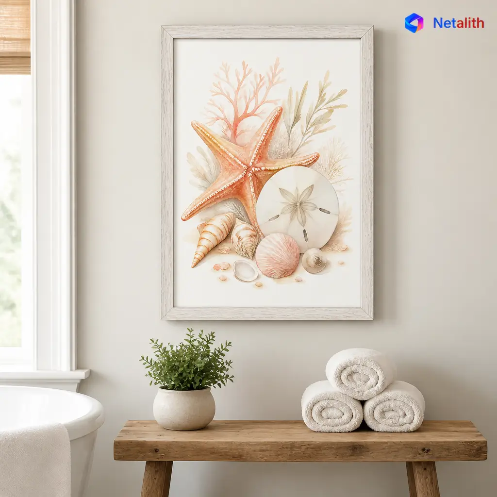 Starfish and Shells Soft Coastal Watercolor Wall Art | Sand And Coral Printable Digital Download | Coastal Home Decor Print