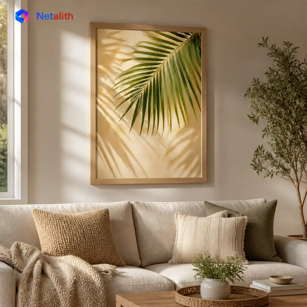 Sunlit Palm Leaf Tropical Minimal Wall Art | Warm Green Printable Digital Download | Botanical Home Decor Print