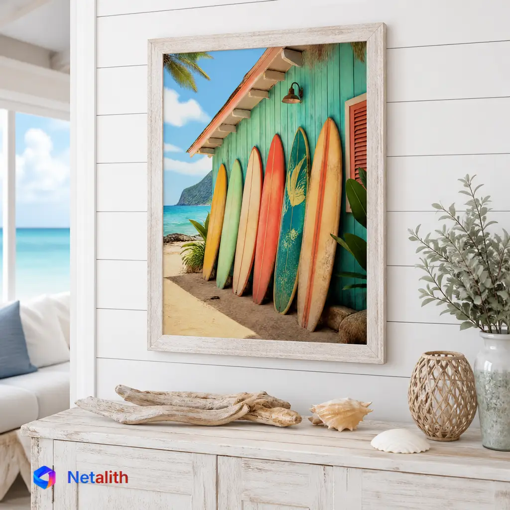 Surfboards on Sand Summer Photo Wall Art | Teal And Coral Printable Digital Download | Coastal Home Decor Print