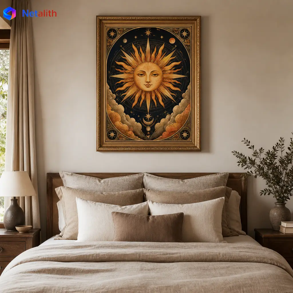 Tarot Sun Card Mystical Illustration Wall Art | Gold And Terracotta Printable Digital Download | Celestial Home Decor Print