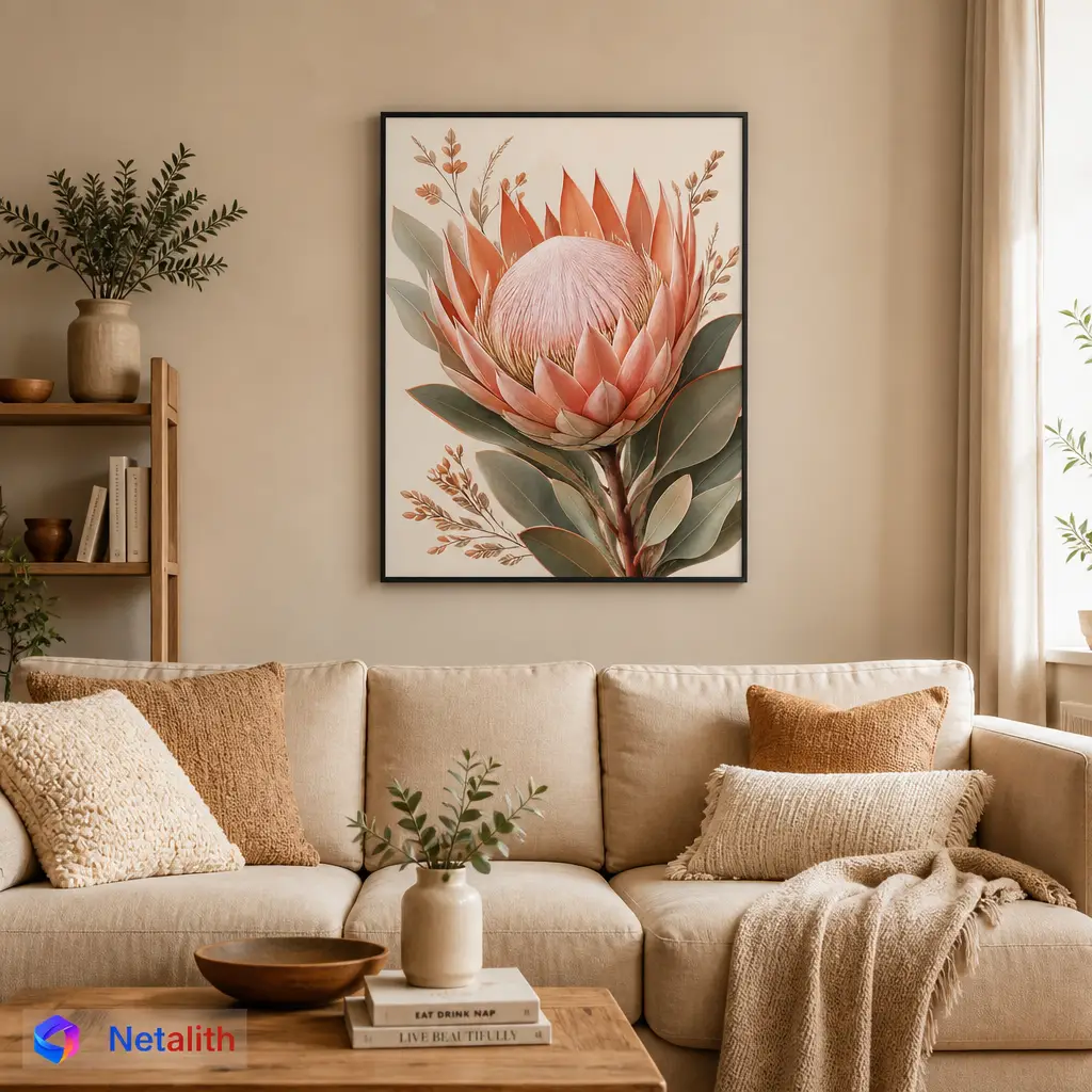Terracotta Protea Modern Botanical Wall Art | Terracotta And Blush Printable Digital Download | Botanical Home Decor Print