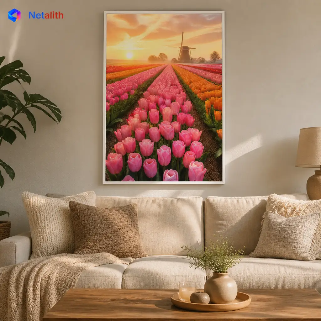 Tulip Field at Sunrise Spring Landscape Wall Art | Pink And Orange Printable Digital Download | Botanical Home Decor Print