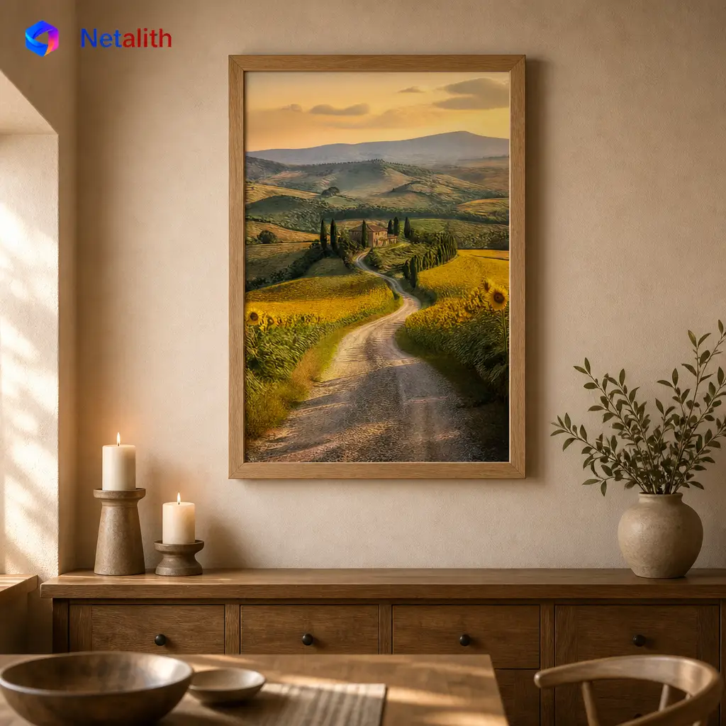 Tuscan Sunflower Road Warm Countryside Wall Art | Gold And Green Printable Digital Download | Travel Home Decor Print